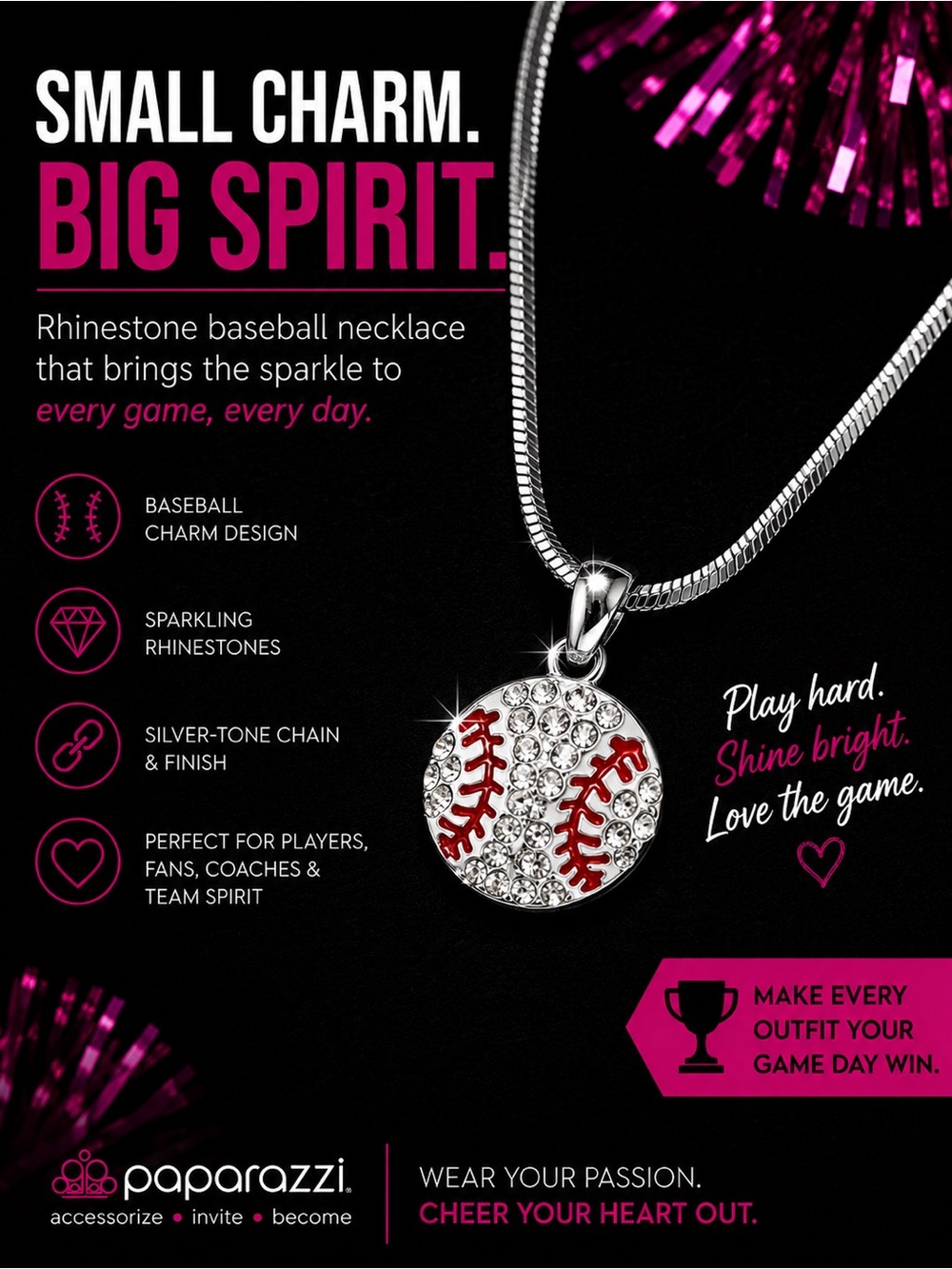 paparazzi Silver Rhinestone Baseball Pendant Necklace with Red Stitching